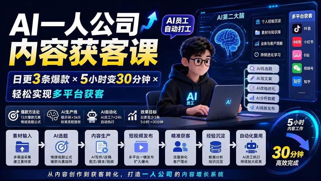 （20111期）AI一人公司内容获客课-更新8月：日更3条爆款×5小时变30分钟×AI员工自动打工，轻松实现多平台获客