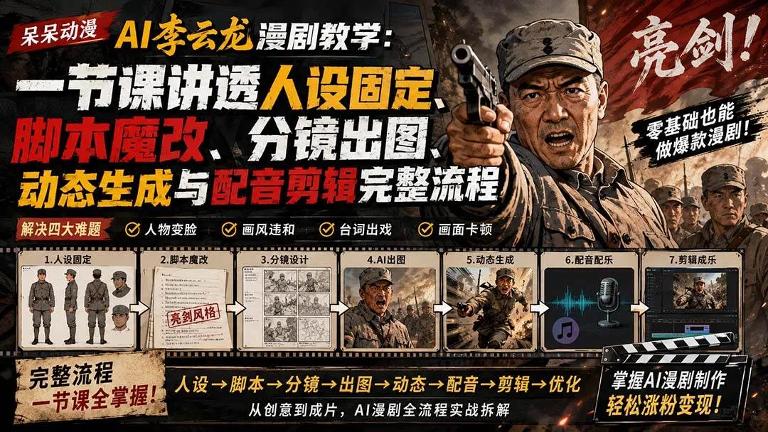 (20107期)呆呆动漫AI李云龙漫剧教学:一节课讲透人设固定、脚本魔改、分镜出图、动态生成与配音剪辑完整流程 (20107期)呆呆动漫AI李云龙漫剧教学:一节课讲透人设固定、脚本魔改、分镜出图、动态生成与配音剪辑完整流程