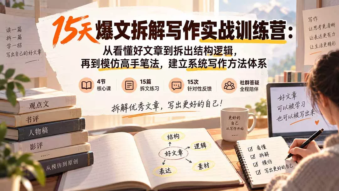 15天爆文拆解写作实战训练营:从看懂好文章到拆出结构逻辑,再到模仿高手笔法,建立系统写作方法体系 15天爆文拆解写作实战训练营:从看懂好文章到拆出结构逻辑,再到模仿高手笔法,建立系统写作方法体系