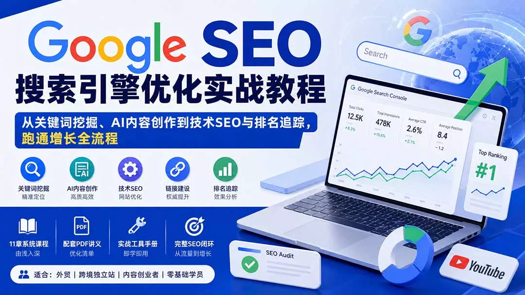 Google SEO搜索引擎优化实战教程:从关键词挖掘、AI内容创作到技术SEO与排名追踪,跑通增长全流程 Google SEO搜索引擎优化实战教程:从关键词挖掘、AI内容创作到技术SEO与排名追踪,跑通增长全流程