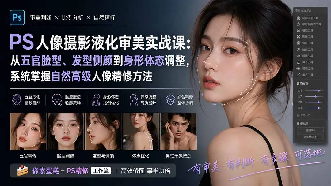PS人像摄影液化审美实战课：从五官脸型、发型侧颜到身形体态调整，系统掌握自然高级人像精修方法